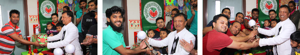 Delwar Jahid handing out trophies to the Man of the Match Tanvir Hasan (left), Runners-Up Edmonton Jomidars (middle), and the Winning Team Edmonton Lathials (right)